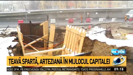 Apa caldă a bucureștenilor țâșnește din țevile sparte! Fântână arteziană la Doamna Ghica, în Sectorul 2