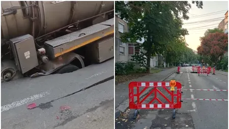 O autospecială a Companiei de Apă Buzău a căzut într-o groapă din asfalt. Compania de Apă dă vina pe locatari pentru incident