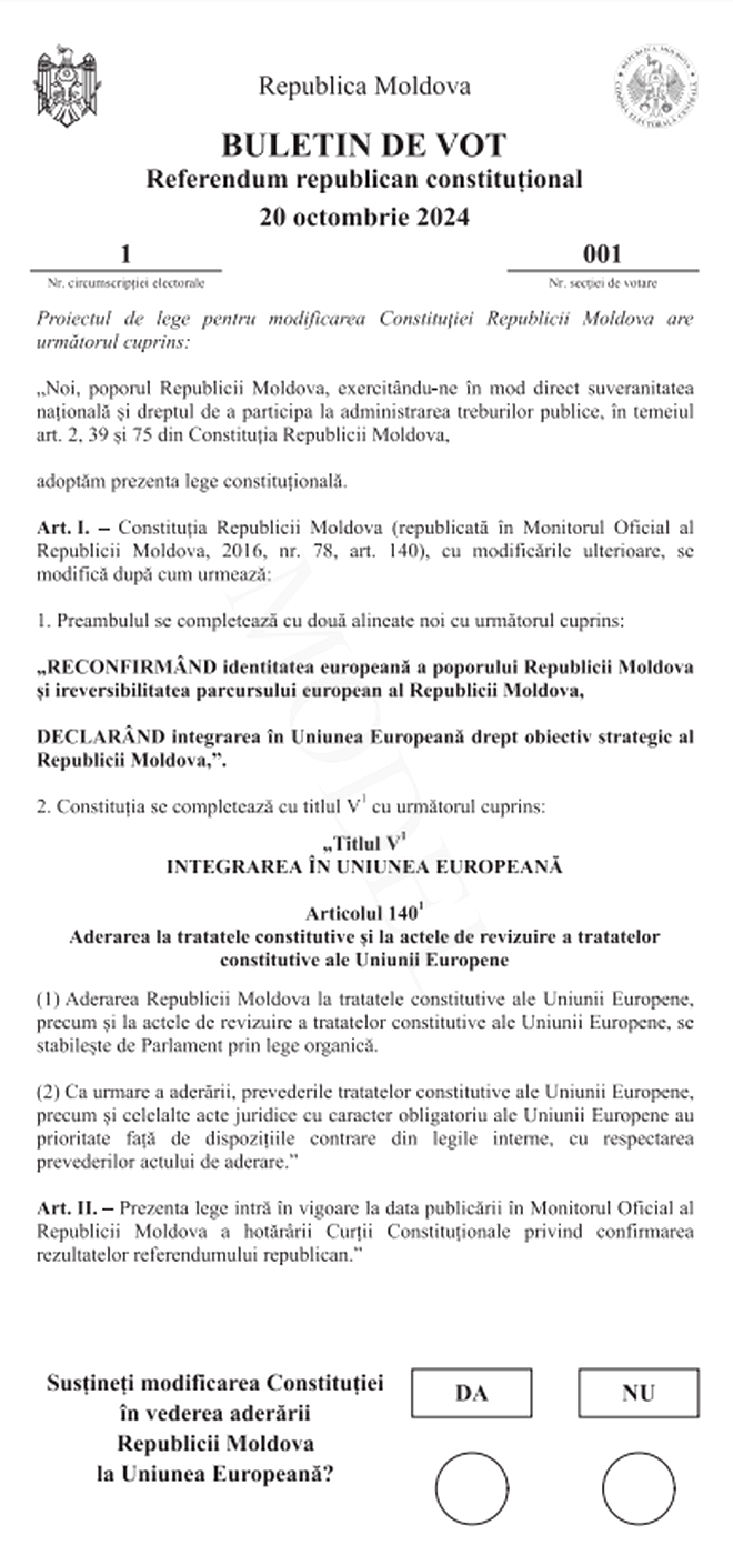 Buletinul de vot pentru referendumul din Republica Moldova.