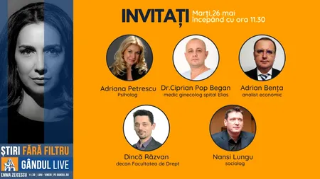 GÂNDUL LIVE. Analistul economic Adrian Bența și sociologul Nansi Lungu se află printre invitații Emmei Zeicescu, pe 26 mai, de la ora 11.30