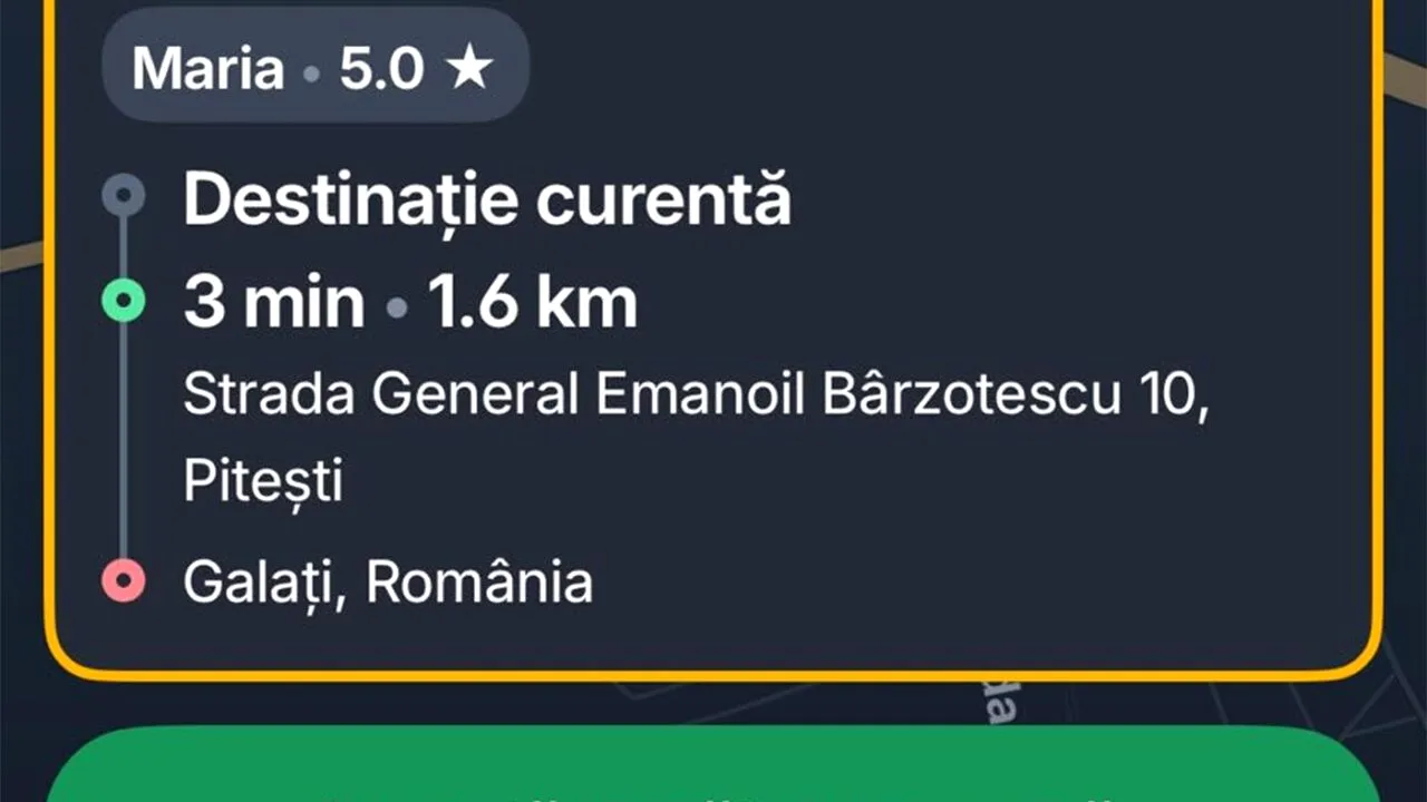 Maria a chemat un BOLT și a mers din Pitești în Galați. Cât a plătit pentru cursa de 5 ore