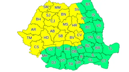 Avertizare meteo. COD GALBEN în 23 de județe ale țării