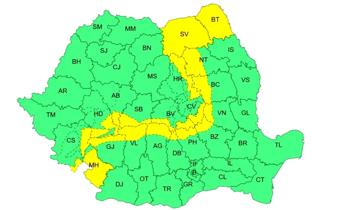 Cod galben de intensificări ale vântului și zăpadă viscolită în perioada 27 decembrie, ora 16 – 28 decembrie, ora 02. Sursă: ANM