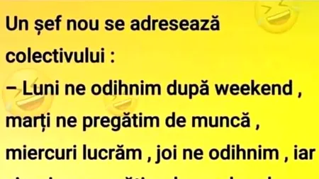 BANCUL ZILEI | Noul șef se adresează angajaților: „Luni ne odihnim după weekend, marți..”
