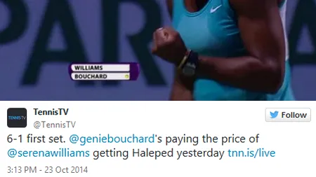 Ce va face Serena Williams în timpul partidei Halep-Ivanovici, de rezultatul căreia depinde calificarea americancei în semifinale