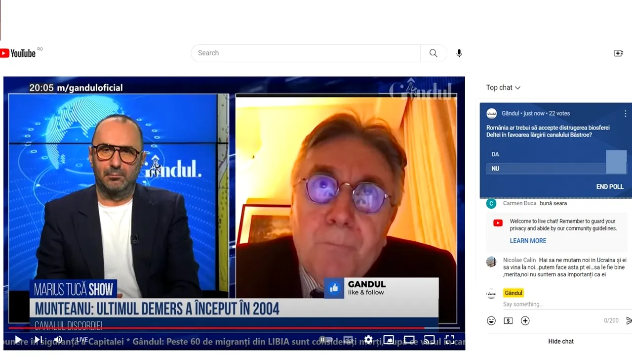 POLL Marius Tucă Show: „România ar trebui să accepte distrugerea biosferei Deltei în favoarea lărgirii canalului Bâstroe?”