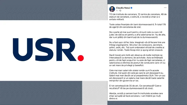 USR se delimitează parțial de postarea lui Claudiu Năsui: „Cercetarea merită respect – bani pentru performanță, nu pentru sinecuri”