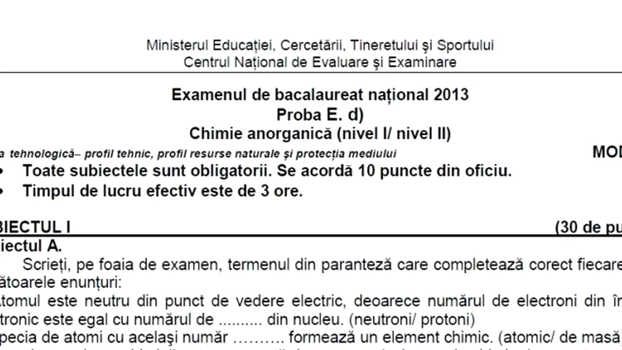 BACALAUREAT 2013. Subiecte  BAC 2013 - proba scrisă la chimie
