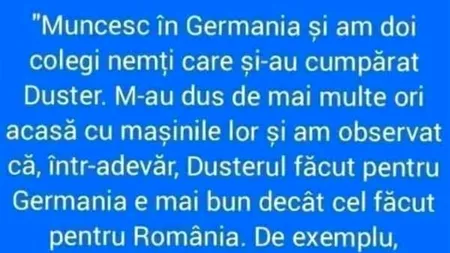 BANCUL ZILEI | De ce sunt mai bune Daciile Duster făcute pentru Germania