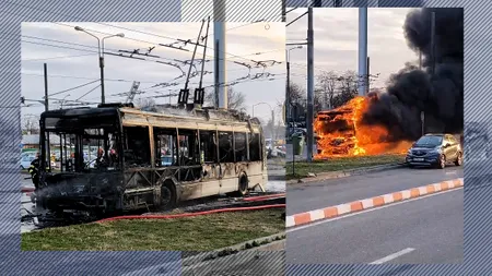 Un troleibuz a ars ca o torță în București. Imagini terifiante