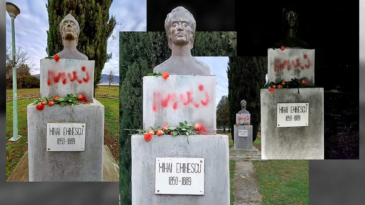 Bustul poetului Mihai Eminescu, amplasat într-un parc din Orșova, a fost vandalizat. Sunt scrise texte obscene cu vopsea roșie