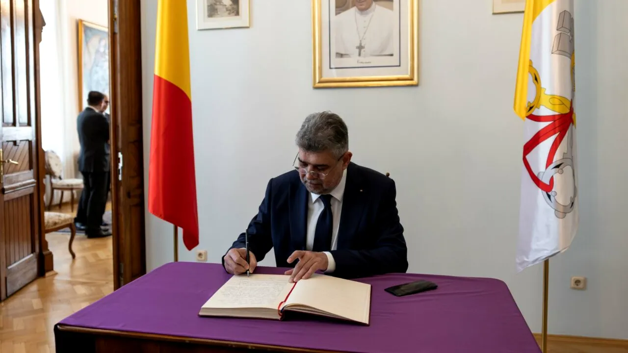 Marcel Ciolacu a semnat în cartea de condoleanțe deschisă în memoria PAPEI Francisc/ Premierul va participa sâmbătă la funerariile de la Vatican