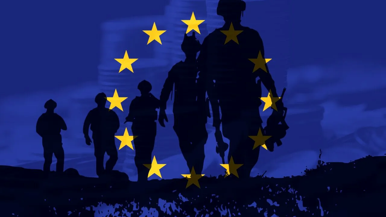 SilhouettesOfSoldiersMarchForwardFramedByTheEuropeanUnion 