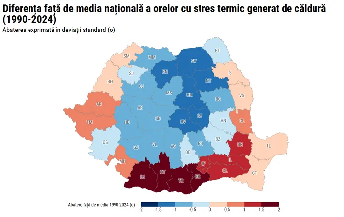 Harta diferenței față de media națională a orelor cu stres termic în România