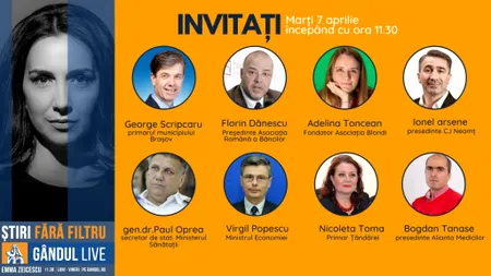 GÂNDUL LIVE. Cine sunt invitații Emmei Zeicescu, marți 7 aprilie, de la ora 11.30. George Scripcaru, primarul Brașovului, și Florin Dănescu, șeful ARB, pe listă