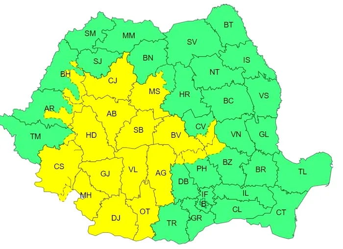Harta zonelor afectate de avertizarea meteo / Sursa foto: ANM