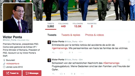 Ponta transmite mesaje în spaniolă, germană și franceză pentru victimele accidentului Germanwings