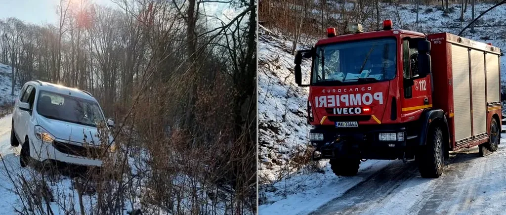 Un șofer a fost la un pas să cadă într-o prăpastie, după ce a DERAPAT cu mașina pe gheață. Pompierii l-au salvat în ultimul moment