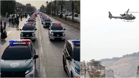 Demonstrație de forță a noului regim de la Damasc cu zeci de blindate de Poliție, elicoptere și motociclete. Ministerul de Interne sirian își prezintă nouă imagine