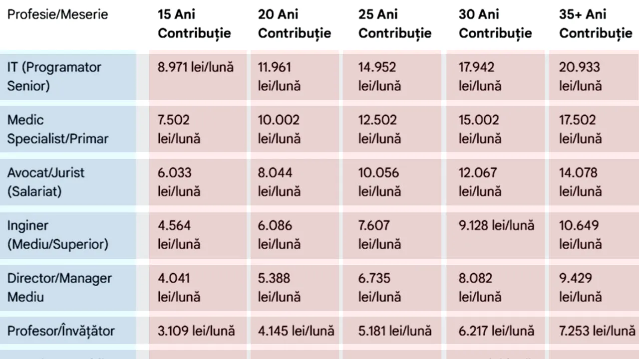 Tabel complet pensii | Ce pensie vei primi în funcție de job-ul actual și de anii de contribuție, dacă te pensionezi pe 1 ianuarie 2026