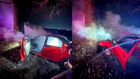 O mașina a luat foc după ce s-a izbit de un copac. Șoferul a a ajuns la spital