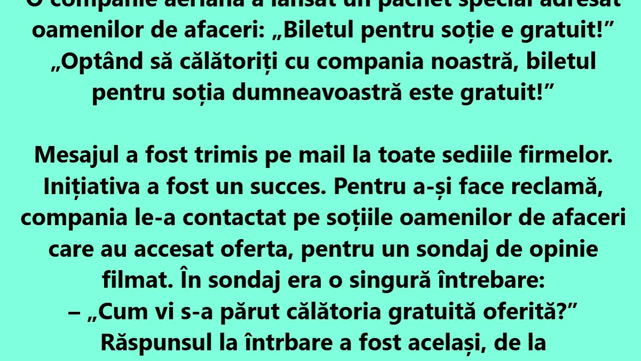 BANC | O companie aeriană a lansat un pachet special adresat oamenilor de afaceri: „Biletul pentru soție e gratuit!”