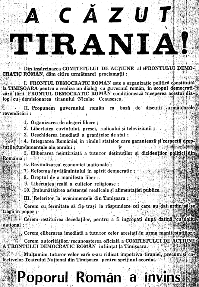 Proclamația Frontului Democratic Român din 21 decembrie 1989 din Timișoara