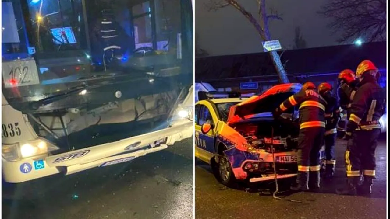 Mașină de poliție lovită de autobuz, în Capitală! Doi agenți primesc îngrijiri medicale / FOTO
