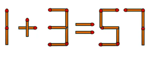 Test de inteligență | Mutați un singur băț de chibrit, pentru a transforma 1 + 3 = 57 într-o egalitate corectă