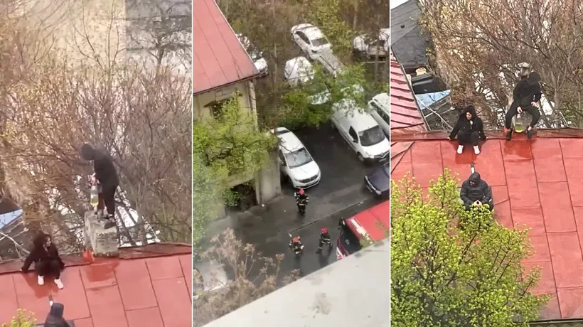 UPDATE | Persoanele care s-au urcat pe acoperișul unei clădiri din București și au amenințat că se incendiază, au coborât. Vor fi duse la audieri