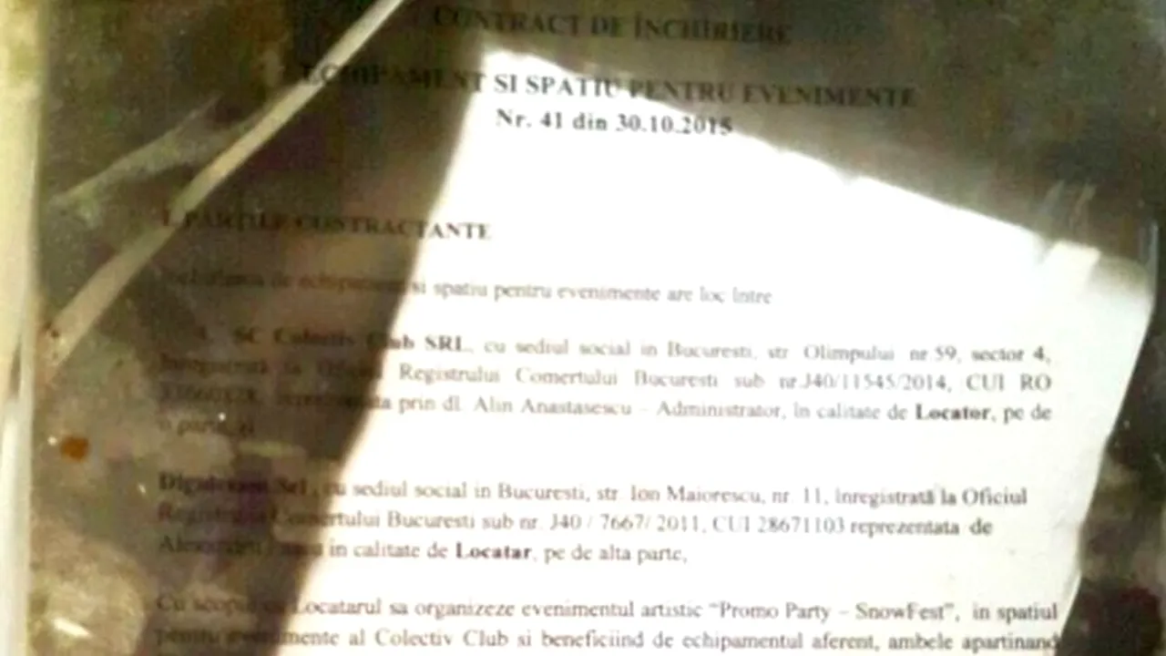 DOCUMENTUL care ar putea schimba dosarul Colectiv. Contractul care confirmă spusele patronilor, găsit parțial ARS în club