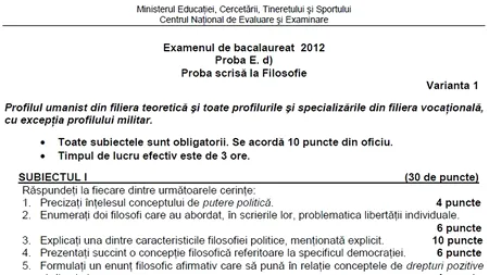 BAC 2012 SESIUNEA TOAMNĂ. SUBIECTE FILOSOFIE, sesiunea a doua