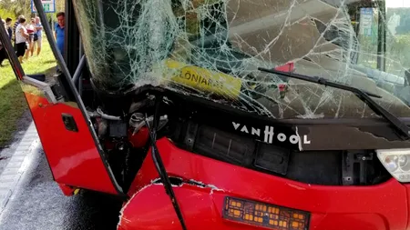 FOTO | Autocar cu 52 de pasageri la bord, implicat într-un accident în județul Vaslui. A rupt un stâlp, la ieșirea din Vama Albița