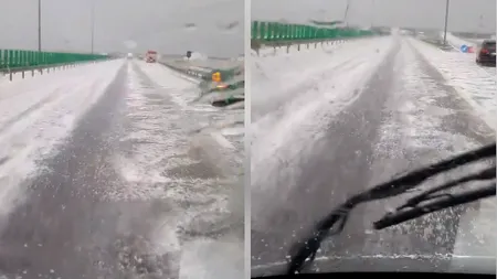 Grindină în Constanța. Autostrada A4, acoperită de gheață- VIDEO