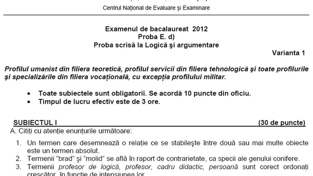 BAC 2012 SESIUNEA TOAMNĂ. SUBIECTE LOGICĂ, sesiunea a doua