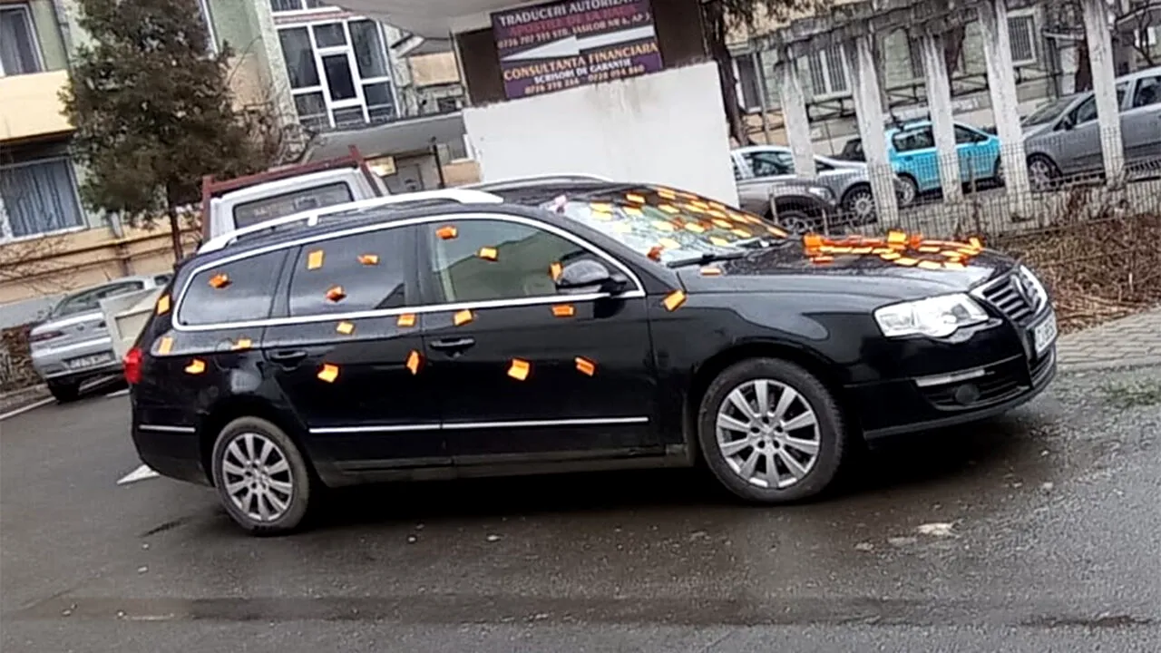 Cum s-au răzbunat vecinii pe șoferul care și-a parcat acest Volkswagen pe locul lor, în spatele cinematografului Florin Piersic din Cluj-Napoca