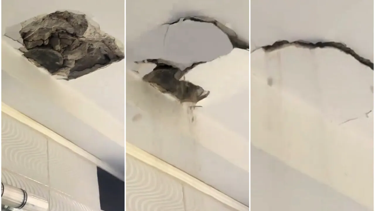 Un tânăr a rămas fără tavan în baie, chiar în timp ce făcea duș. Vecinii au ajuns cu bormașina la el în casă