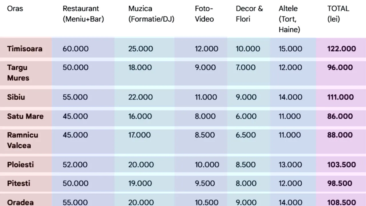 Tabel nunți 2026 | Cât te costă să organizezi o nuntă cu 100 de invitați, în România. Am făcut calculul complet, în funcție de oraș