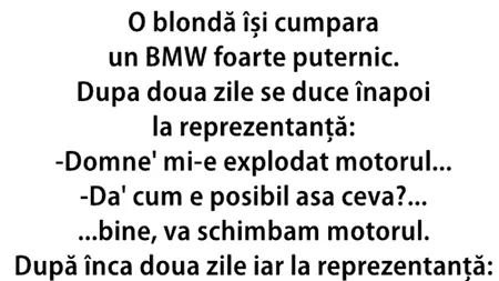 BANC | O blondă își cumpără un BMW foarte puternic. După 2 zile, se duce înapoi la reprezentanță: 