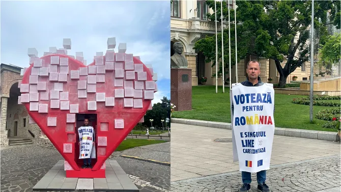 Motivul pentru care un om de afaceri din Iași a umblat îmbrăcat prin oraș în pancarte cu mesajul „Votează pentru România”