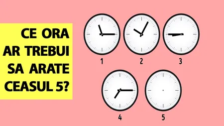 Test IQ exclusiv pentru genii | Ce oră indică al cincilea ceas din imagine?