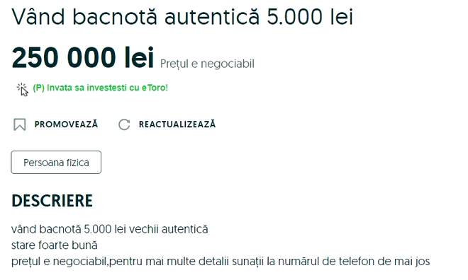 Mai ai cumva bancnote de 5.000 de lei cu chipul lui Lucian Blaga? Una singură se vinde acum, în 2022, cu 50.000 de euro / Sursa foto: OLX
