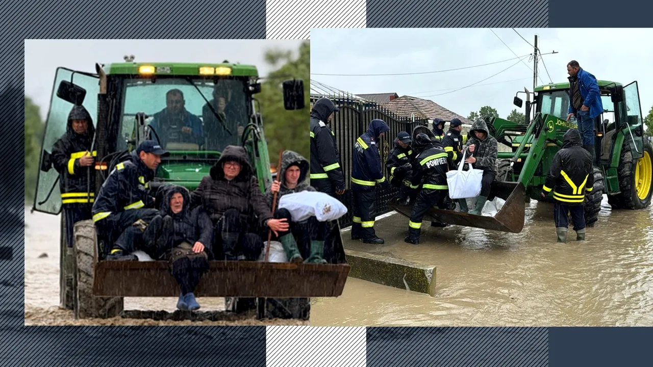 Evacuare cu excavatorul din puhoaiele din Prisăcani, Botoșani. Avertismente meteo în cascadă