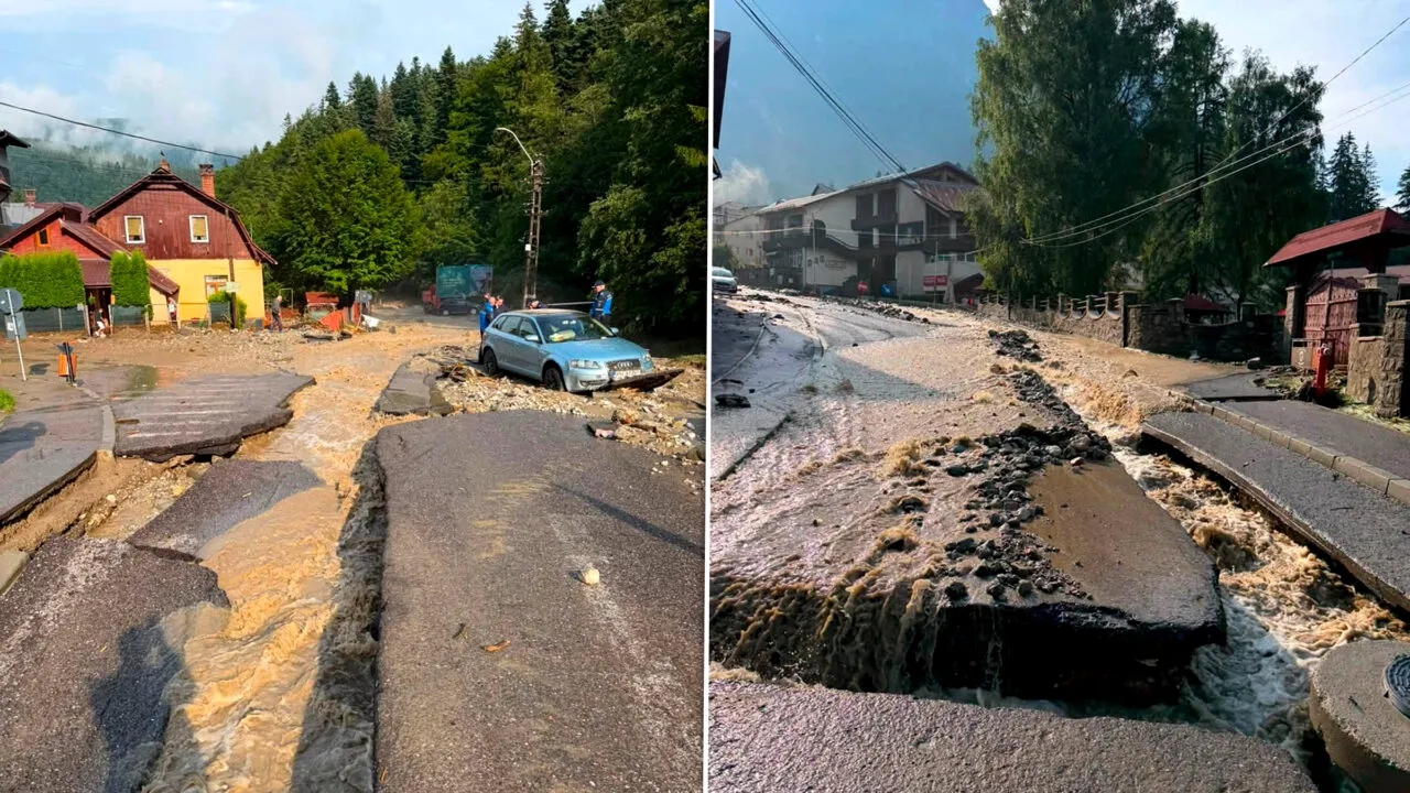 Cum arată Bușteniul după furtuna care l-a lovit. Străzi acoperite de noroi, mașini luate de ape și distrugeri în urma viiturii
