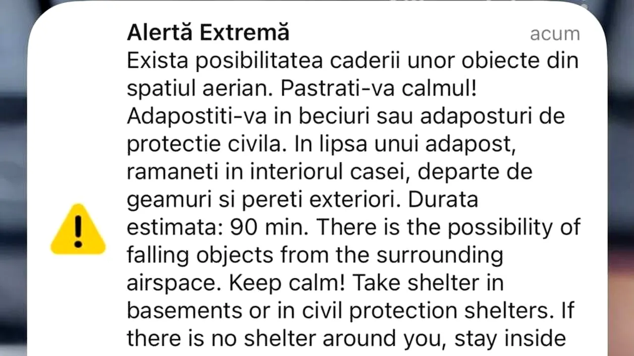 Nou mesaj RO-Alert în nordul județului Tulcea. Populația, avertizată cu privire la posibila cădere a unor obiecte din spațiul aerian
