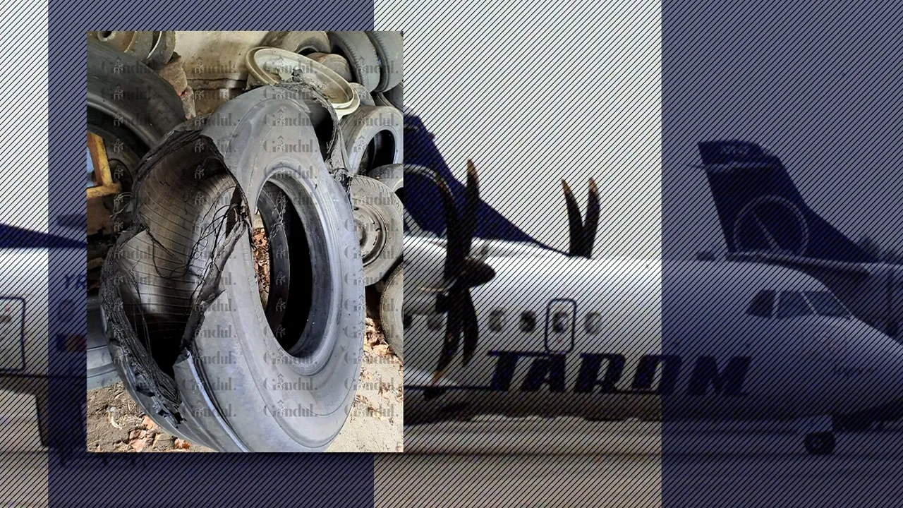 Imagini cu cauciucurile sparte ale aeronavei din cursa Paris-București, care a oprit decolarea. Pilot: 