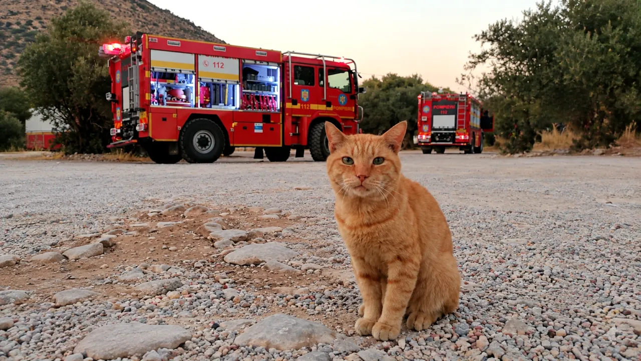 Un motan a devenit mascota pompierilor români aflați în Grecia. Salvatorii l-au botezat „Garfield”