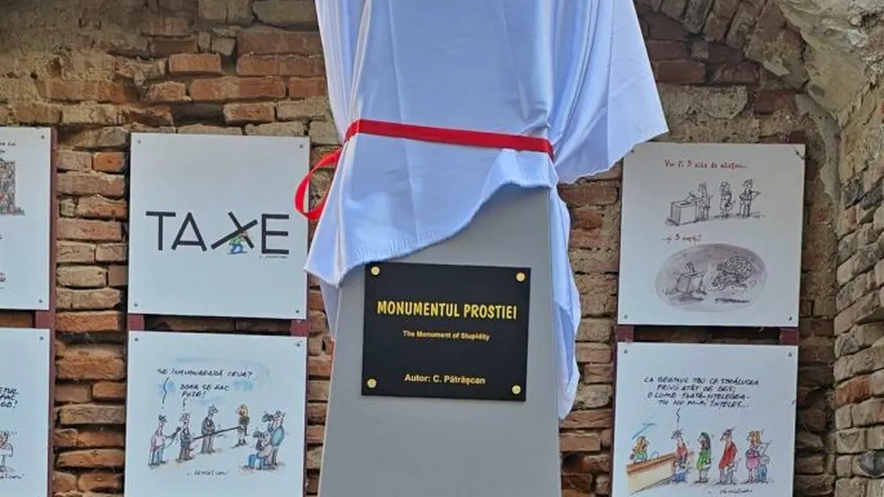 A fost inaugurat primul „Monument al Prostiei” din lume.  Ce reprezintă lucrarea satirică din Brăila și ce simbol poartă