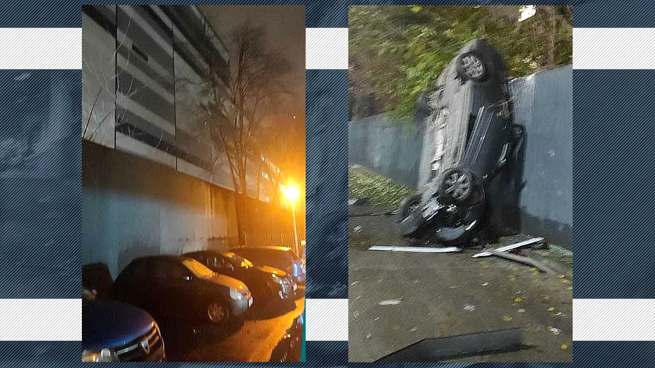 Un șofer fără permis din București a reușit să sară cu mașina de la ETAJUL DOI. Deși a aterizat în bot, a supraviețiut