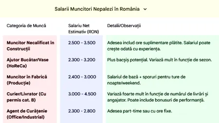 Tabel | Ce SALARII au, de fapt, nepalezii din România, în funcție de job-ul prestat